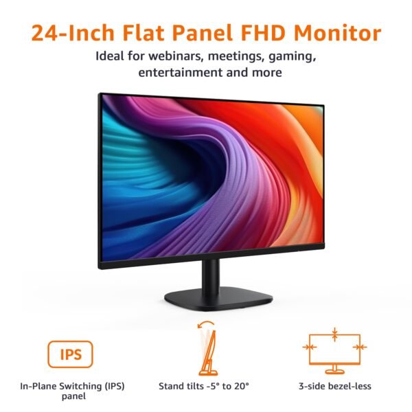 24 in Monitor, FHD 1080P, Max 100Hz, VESA Compatible, Built-in Speakers, Black - Image 2