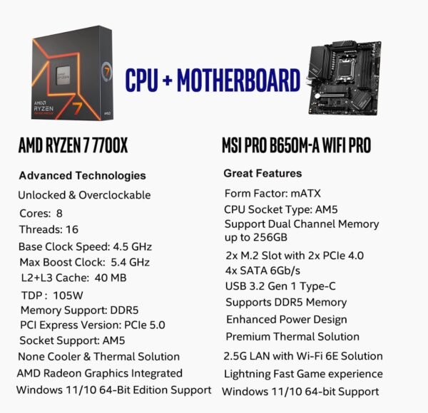 MSI MAG B650 Tomahawk WiFi Gaming Motherboard with AMD Ryzen 7 7700X 8-Core 16-Thread AM5 Unlocked Desktop Processor - Image 6
