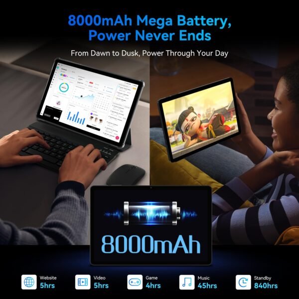 Tablet 11 Inch Android 15 Tablets T90, 1920 * 1200 FHD Display, 24GB RAM 128GB ROM /2TB TF, T615 Octa-Core+13MP Camera, 8000mAh, Widevine L1, 2 in 1 Tablet with Keyboard Mouse Stylus, Gray - Image 4