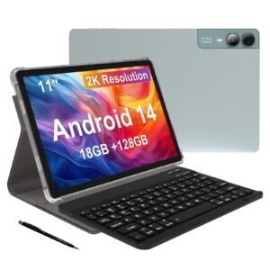 11 inch Tablet Android 14 2000*1200 2K Display Tablets PC, T616 Octa-Core 2.0GHz, 18GB RAM 128GB ROM 1TB Expandable, 5+5+13MP AI Camera, 9000mAh, 5G WiFi, with Keyboard, Case, 4 Speakers - Green