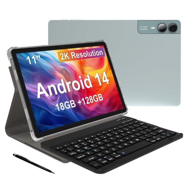 11 inch Tablet Android 14 2000*1200 2K Display Tablets PC, T616 Octa-Core 2.0GHz, 18GB RAM 128GB ROM 1TB Expandable, 5+5+13MP AI Camera, 9000mAh, 5G WiFi, with Keyboard, Case, 4 Speakers - Green