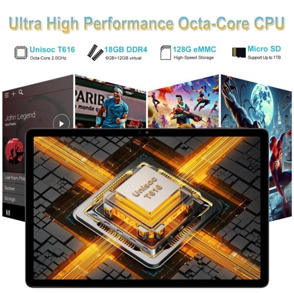 11 inch Tablet Android 14 2000*1200 2K Display Tablets PC, T616 Octa-Core 2.0GHz, 18GB RAM 128GB ROM 1TB Expandable, 5+5+13MP AI Camera, 9000mAh, 5G WiFi, with Keyboard, Case, 4 Speakers - Green - Image 2