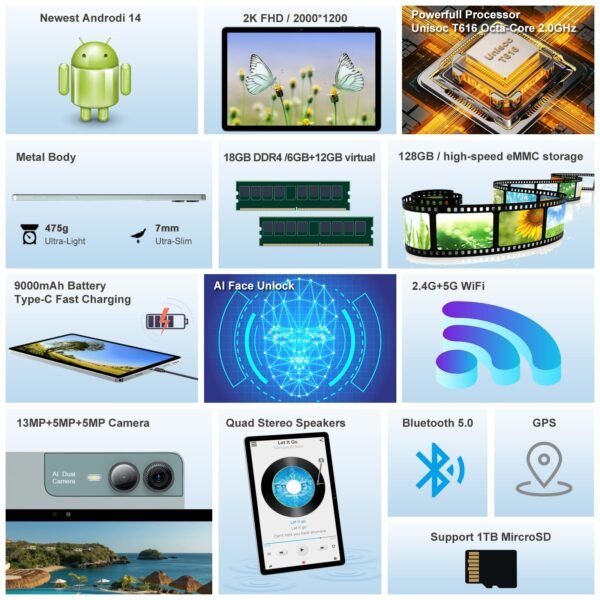 11 inch Tablet Android 14 2000*1200 2K Display Tablets PC, T616 Octa-Core 2.0GHz, 18GB RAM 128GB ROM 1TB Expandable, 5+5+13MP AI Camera, 9000mAh, 5G WiFi, with Keyboard, Case, 4 Speakers - Green - Image 6